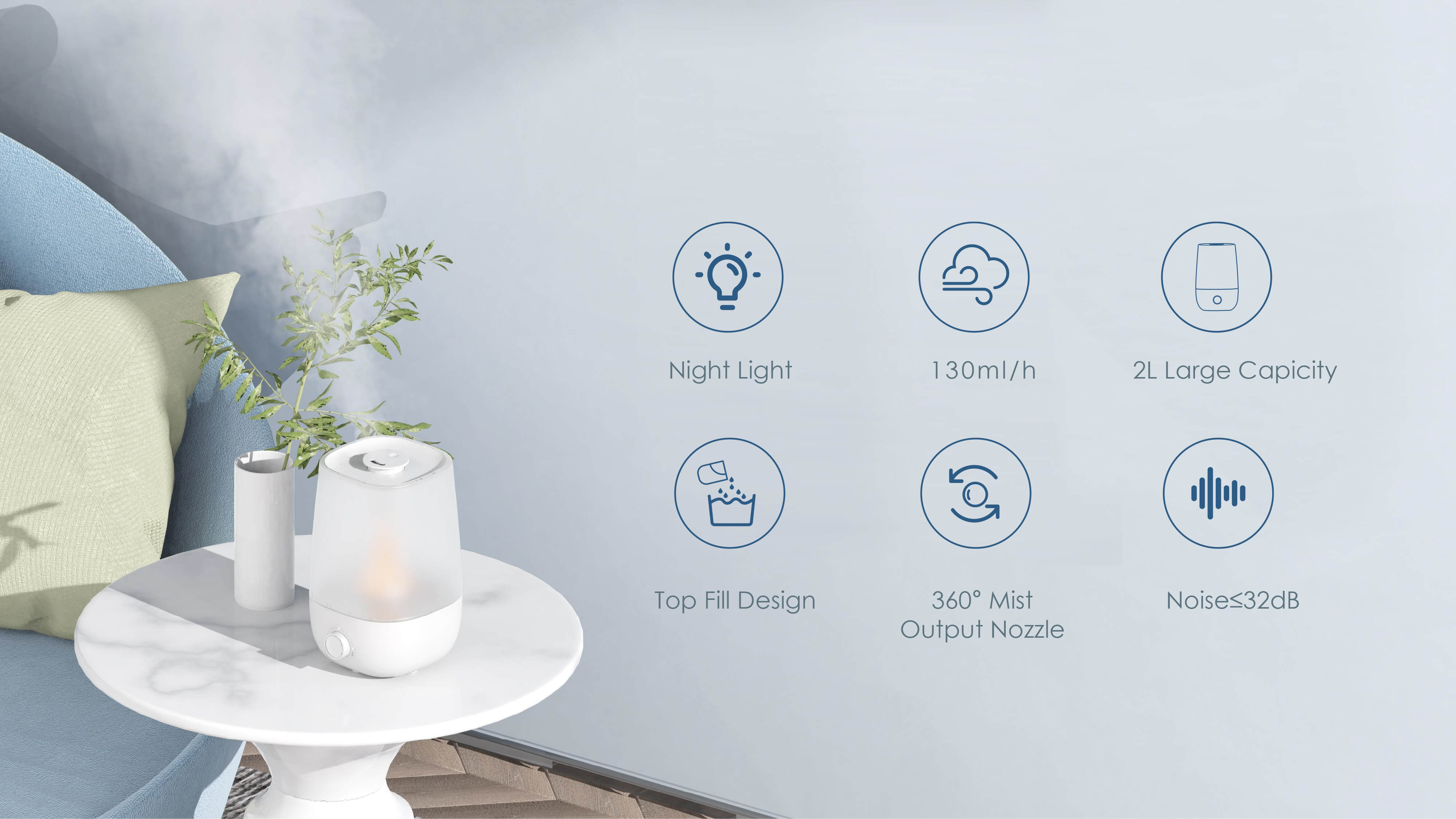 Comefresh 2L Top-Fill Humidifier għall-kamra tas-sodda Umidifikatur taċ-ċpar ultrasoniku kwiet Kessaħ bi Nightlight għall-Uffiċċju tad-Dar tan-Nursery tat-trabi