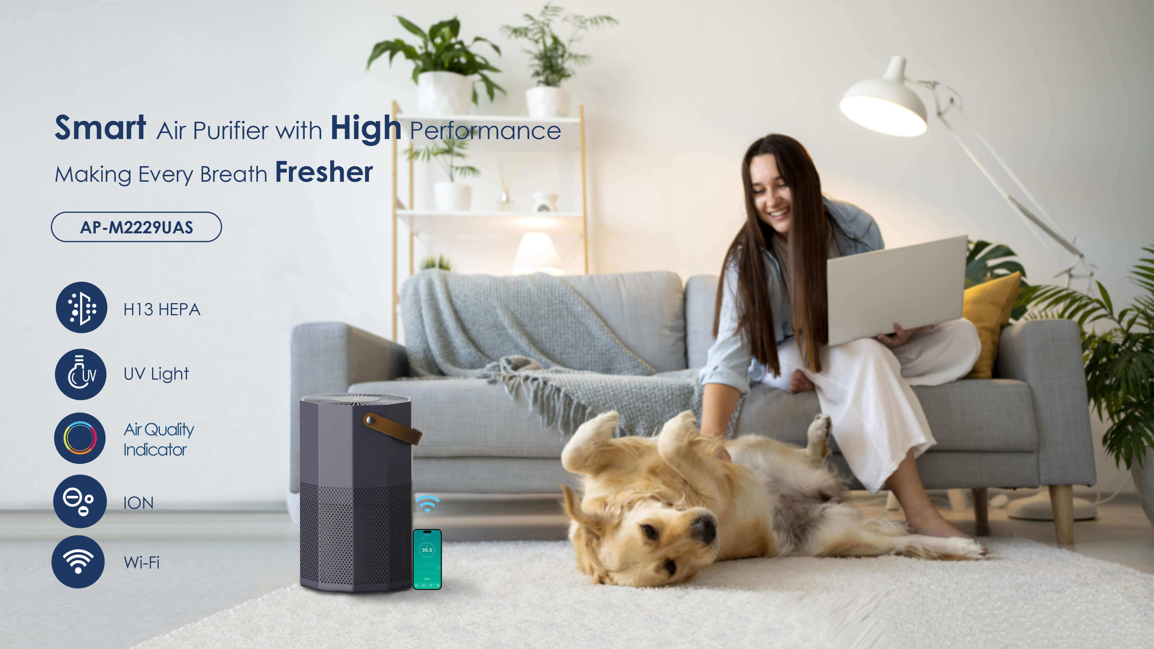 Comefresh Air Purifier for Home HEPA Air Cleaner with Dust Sensor Timer