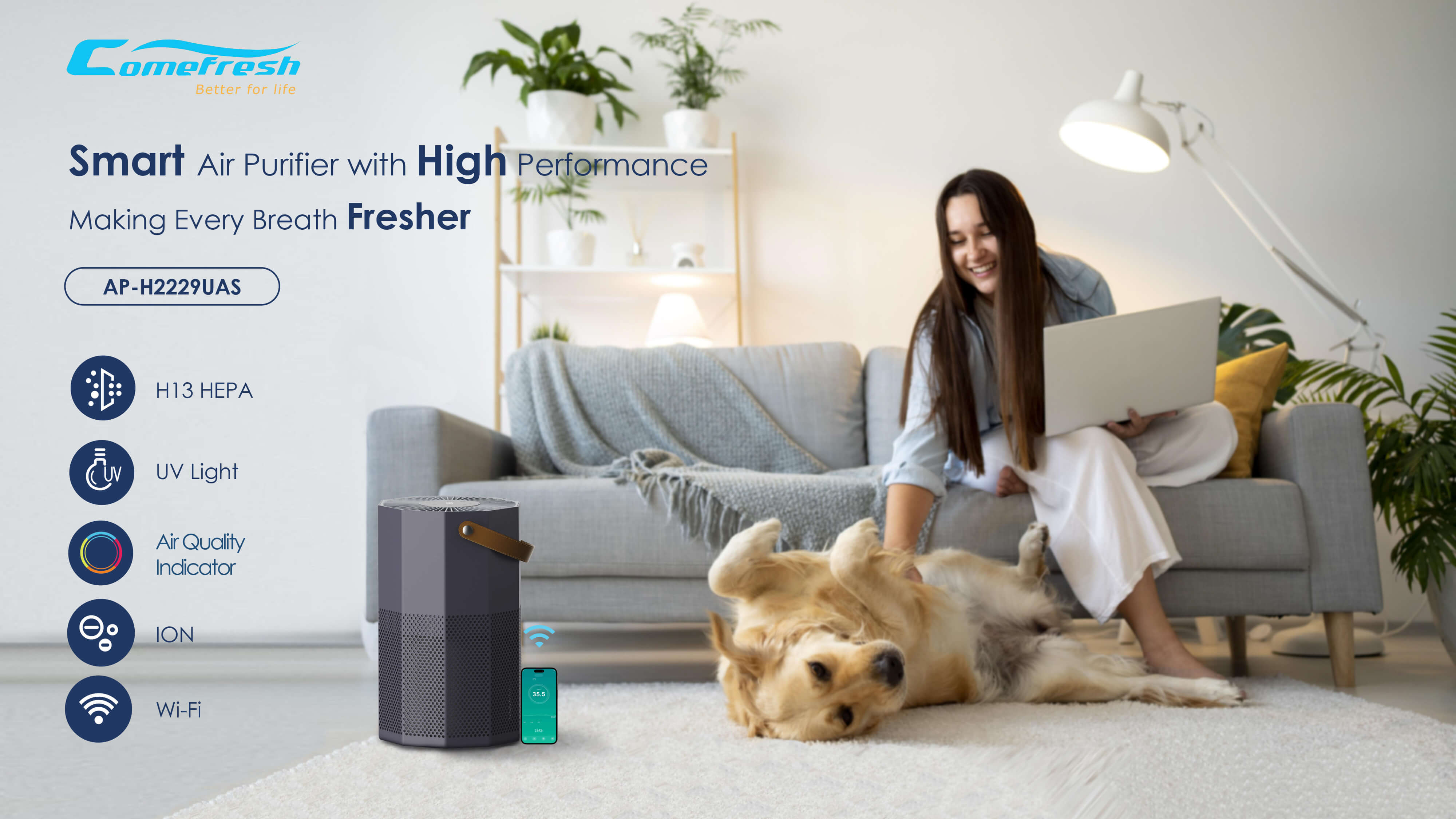 Comefresh Air Purifier for Home HEPA Air Cleaner with Dust Sensor Timer